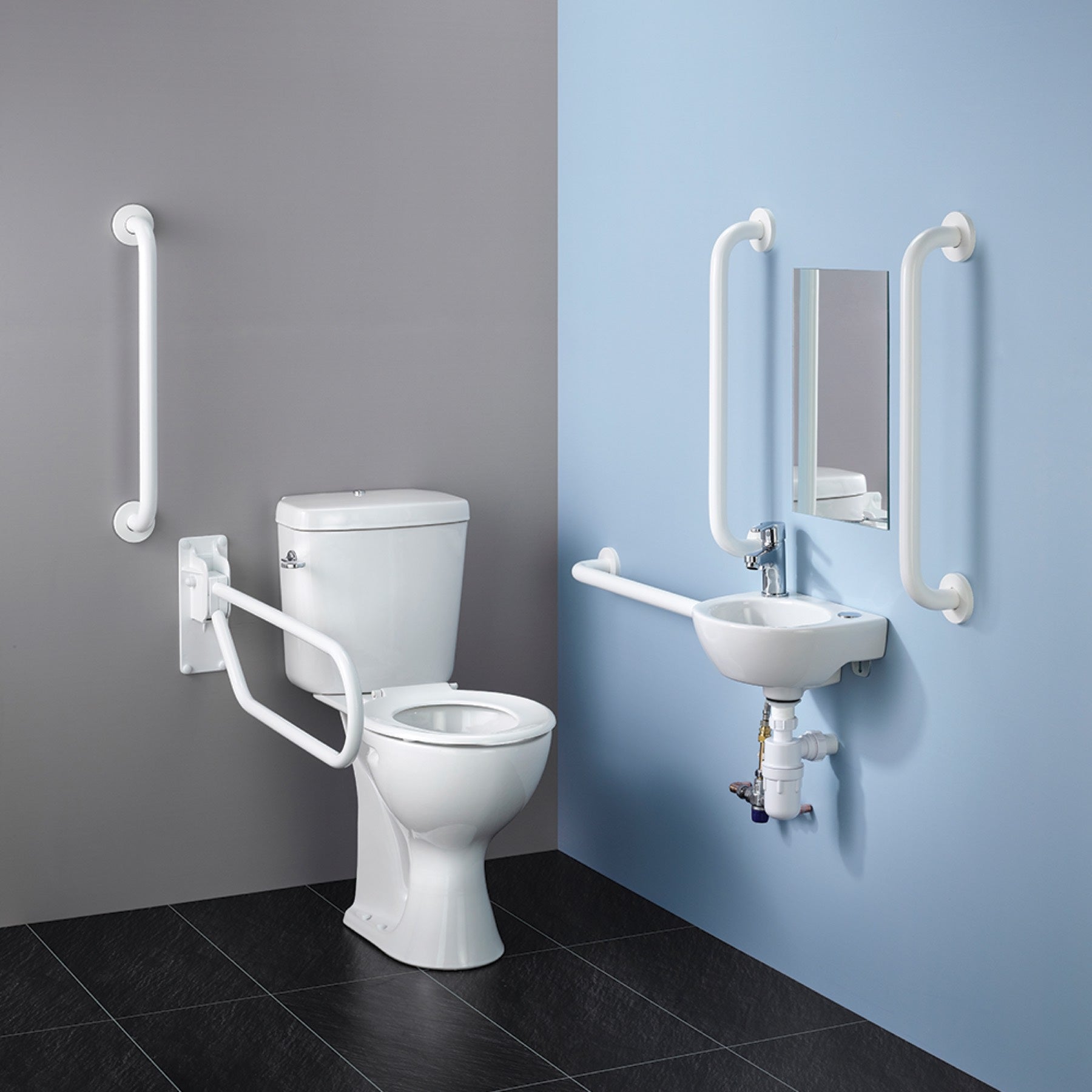 A clinical white-plastic grab rail bolted to a sterile tiled wall — the institutional look Vivette replaces