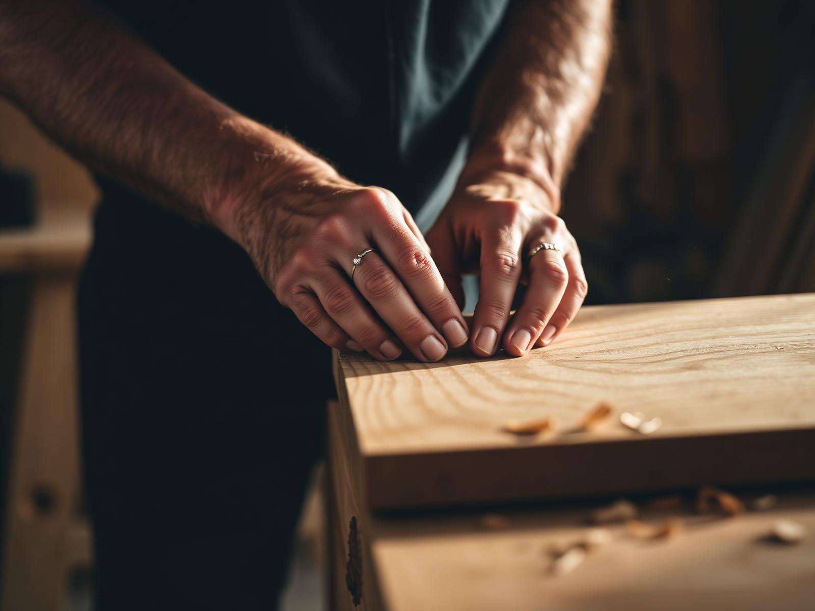 A craftsman hand-sanding a solid-oak Vivette grab rail in a sunlit workshop